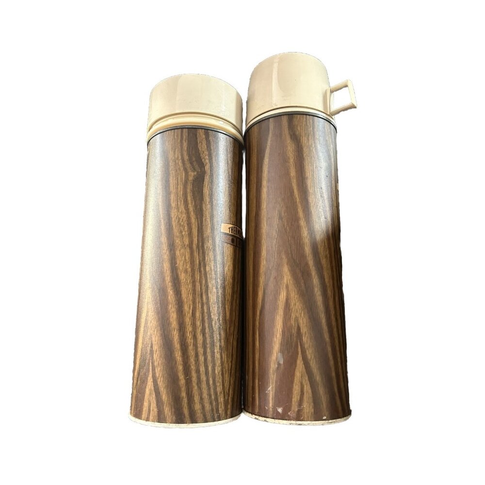 Vintage Thermos Picnic Lunch Wood Grain Set King Seeley 1973 Play Mates w/ Bag